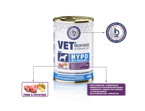 Karma weterynaryjna sucha dla psa VET RESPONSE HYPOALLERGENIC 8kg+10xKarma mokra dla psa VET RESPONSE Hypoallergenic wieprzowina 400g - 10