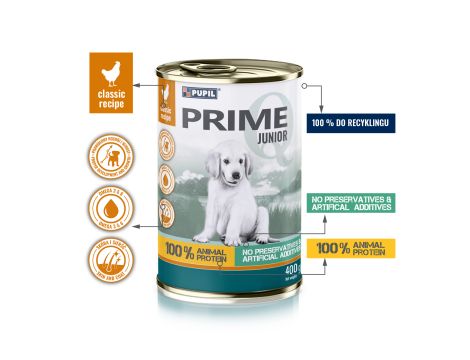 Karma sucha dla psa PUPIL Prime JUNIOR 4x,2,7kg + 10xKarma mokra dla psa PUPIL Prime JUNIOR bogata w kurczaka 400 g - 10
