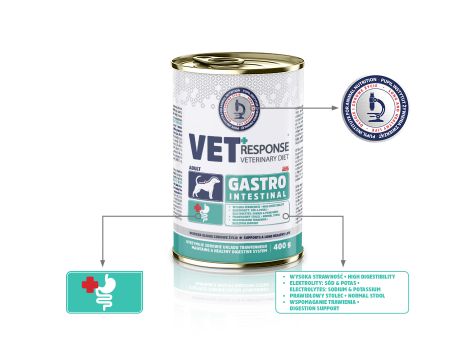 Karma weterynaryjna mokra dla psa VET RESPONSE GASTROINTESTINAL 10x 400 g + VET RESPONSE SuperGastro na trawienie 120 ml - 60 kapsułek - 4