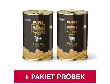 Pakiet startowy karmy mokrej dla psa PUPIL Premium All Meat GOLD JUNIOR 2 x 400 g + 5 x próbki karmy suchej