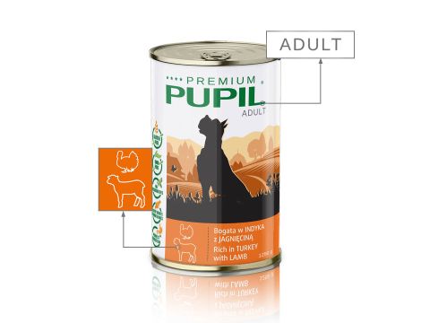 Karma mokra dla psa PUPIL Premium bogata w indyka z jagnięciną 1250 g - 2