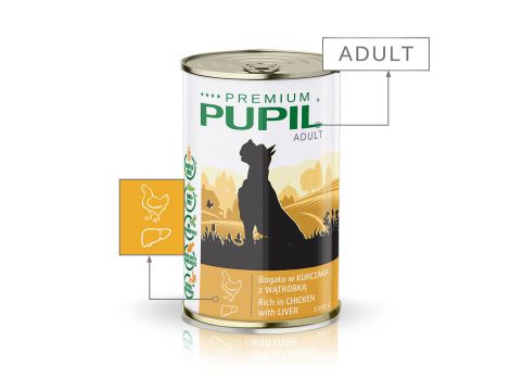 Karma mokra dla psa PUPIL Premium bogata w kurczaka z wątróbką 1250 g - 2