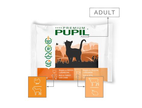 Karma mokra dla kota PUPIL Premium bogata w indyka z jagnięciną + cielęcinę z królikiem 4 x 85 g - 2
