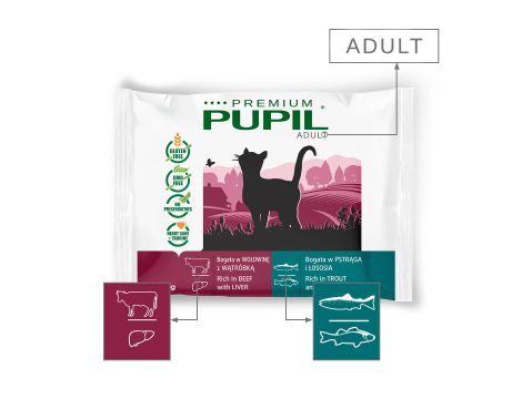 Karma mokra dla kota PUPIL Premium bogata w wołowinę z wątróbką + pstrąga i łososia 4 x 85 g - 2