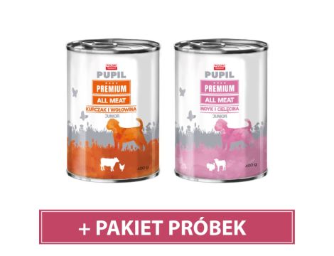 Pakiet startowy karm PUPIL Premium All Meat JUNIOR 400 g - karma mokra + próbki karmy suchej