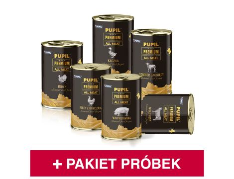 Pakiet startowy karmy mokrej dla psa PUPIL Premium All Meat GOLD ADULT 6 x 400 g + 5 x próbki karmy suchej