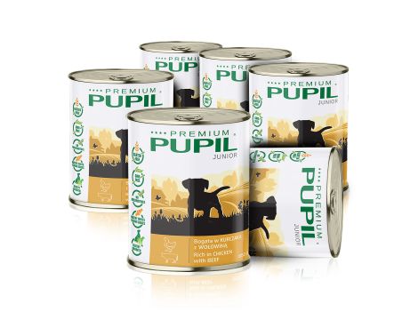 Karma mokra dla psa PUPIL Premium JUNIOR bogata w kurczaka z wołowiną 6 x 850 g
