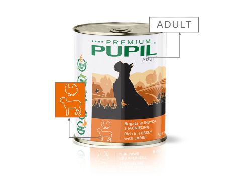 Karma mokra dla psa PUPIL Premium bogata w indyka z jagnięciną 850 g - 2