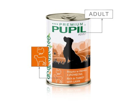 Karma mokra dla psa PUPIL Premium bogata w indyka z jagnięciną 415 g - 2