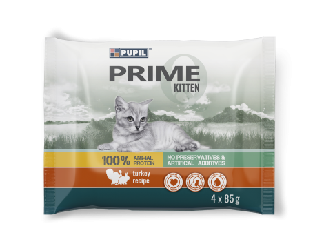 Karma mokra dla kota PUPIL Prime KITTEN bogata w indyka z królikiem 4 x 85 g
