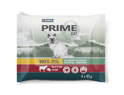 Karma mokra dla kota PUPIL Prime bogata w wołowinę z wątróbką + pstrąga z łososiem 4 x 85 g