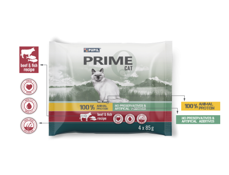 Karma mokra dla kota PUPIL Prime bogata w wołowinę z wątróbką + pstrąga z łososiem 4 x 85 g - 2