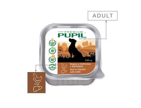 Karma mokra dla psa PUPIL Premium szalka bogata w kurczaka z wątróbką 150 g - 2