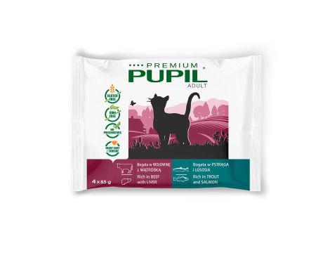 Karma mokra dla kota PUPIL Premium bogata w wołowinę z wątróbką + pstrąga i łososia 9 x (4 x 85 g) - 2