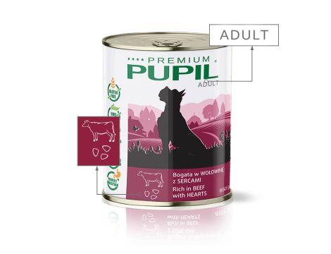 Karma mokra dla psa PUPIL Premium bogata w wołowinę z sercami 850 g - 2