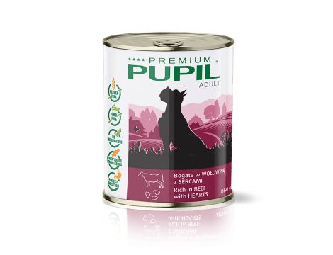 Karma mokra dla psa PUPIL Premium bogata w wołowinę z sercami 850 g