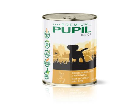 Karma mokra dla psa PUPIL Premium JUNIOR bogata w kurczaka z wołowiną 850 g