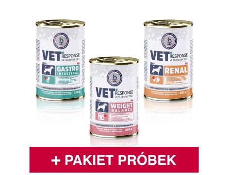 Pakiet startowy karmy mokrej dla psa VET RESPONSE 3 x 400 g + 5 x próbki karmy suchej