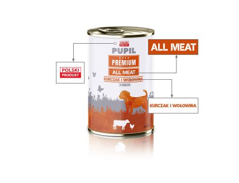 Karma sucha dla psa PUPIL Premium JUNIOR MINI bogata w wołowinę 10kg+10xKarma mokra dla psa PUPIL Premium All Meat JUNIOR kurczak i wołowina 400 g - 11