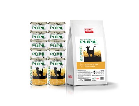 Karma sucha dla kota PUPIL Premium bogata w kurczaka 8kg+10xKarma mokra dla kota PUPIL Premium bogata w kurczaka z cielęciną 415 g