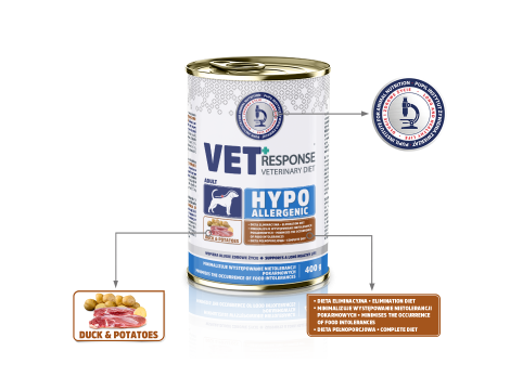 Karma weterynaryjna sucha dla psa VET RESPONSE HYPOALLERGENIC 8kg+10xKarma mokra dla psa VET RESPONSE Hypoallergenic kaczka 400g - 10