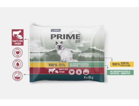 Karma mokra dla kota PUPIL Prime bogata w wołowinę z wątróbką + pstrąga z łososiem 9x(4x85g) - 3
